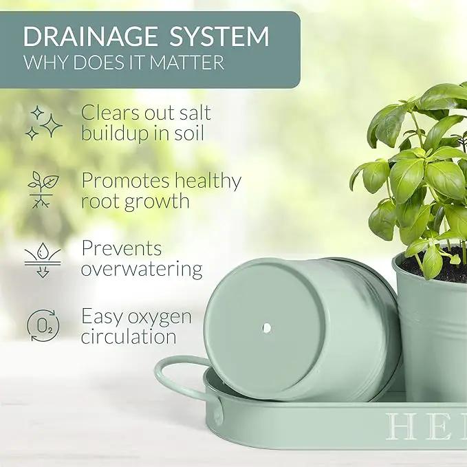 Barnyard Designs Indoor Herb Garden Planter Set with Tray, Metal Windowsill Plant Pots with Drainage for Outdoor or Indoor Plants, Set/3 (Soft Mint) by GreenHaven Gardens