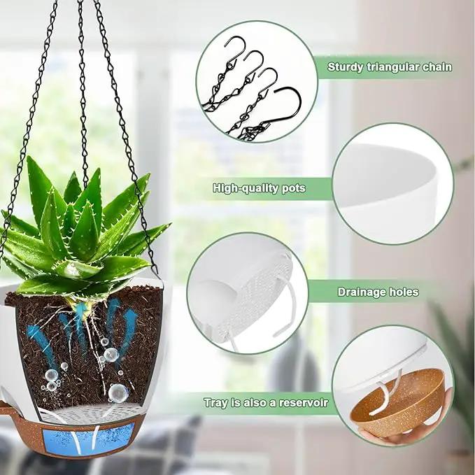 10/9/8 Inch Hanging Planter for Indoor Outdoor Plants, 3 Pack Self-Watering Hanging Pot with Drainage Holes Hanging Planter Baskets Plant Pots with Removable Tray (White+Brown) by GreenHaven Gardens