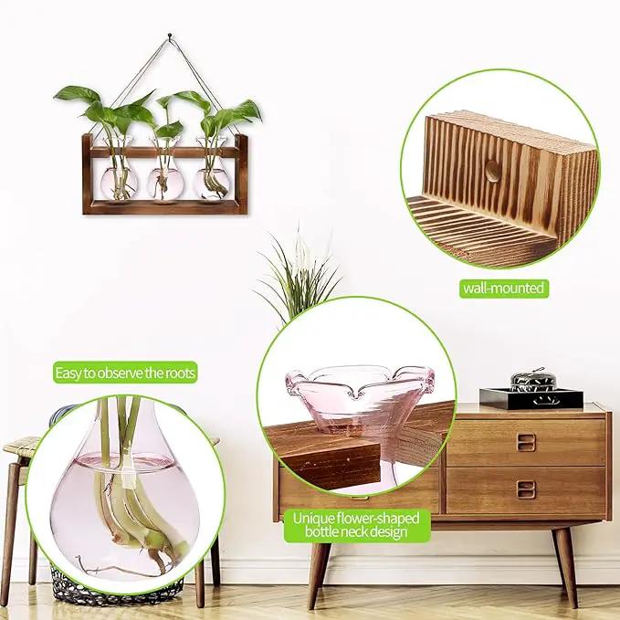 Plant Propagation Station Plant Terrarium Unique Birthday Gifts for Women Plant Lovers Home Office Decor Planter with Wooden Stand - 3 Bulb Glass Vase by GreenHaven Gardens
