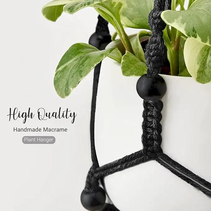 Mkono Macrame Plant Hanger Indoor Hanging Planter Basket with Wood Beads Decorative Flower Pot Holder No Tassels for Indoor Outdoor Boho Home Decor 35 Inch, Black, Set of 2 (POTS NOT Included) by GreenHaven Gardens
