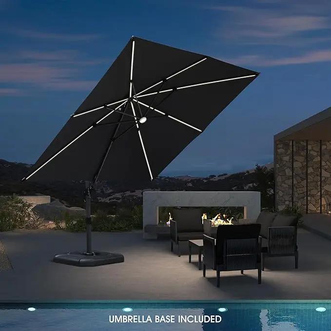 PURPLE LEAF 10 Feet Patio Umbrella with Base Outdoor Cantilever Solar Powered LED Square Umbrella Aluminum Offset Umbrella with 360-degree Rotation for Garden Deck Pool Patio, Grey by GreenHaven Gardens