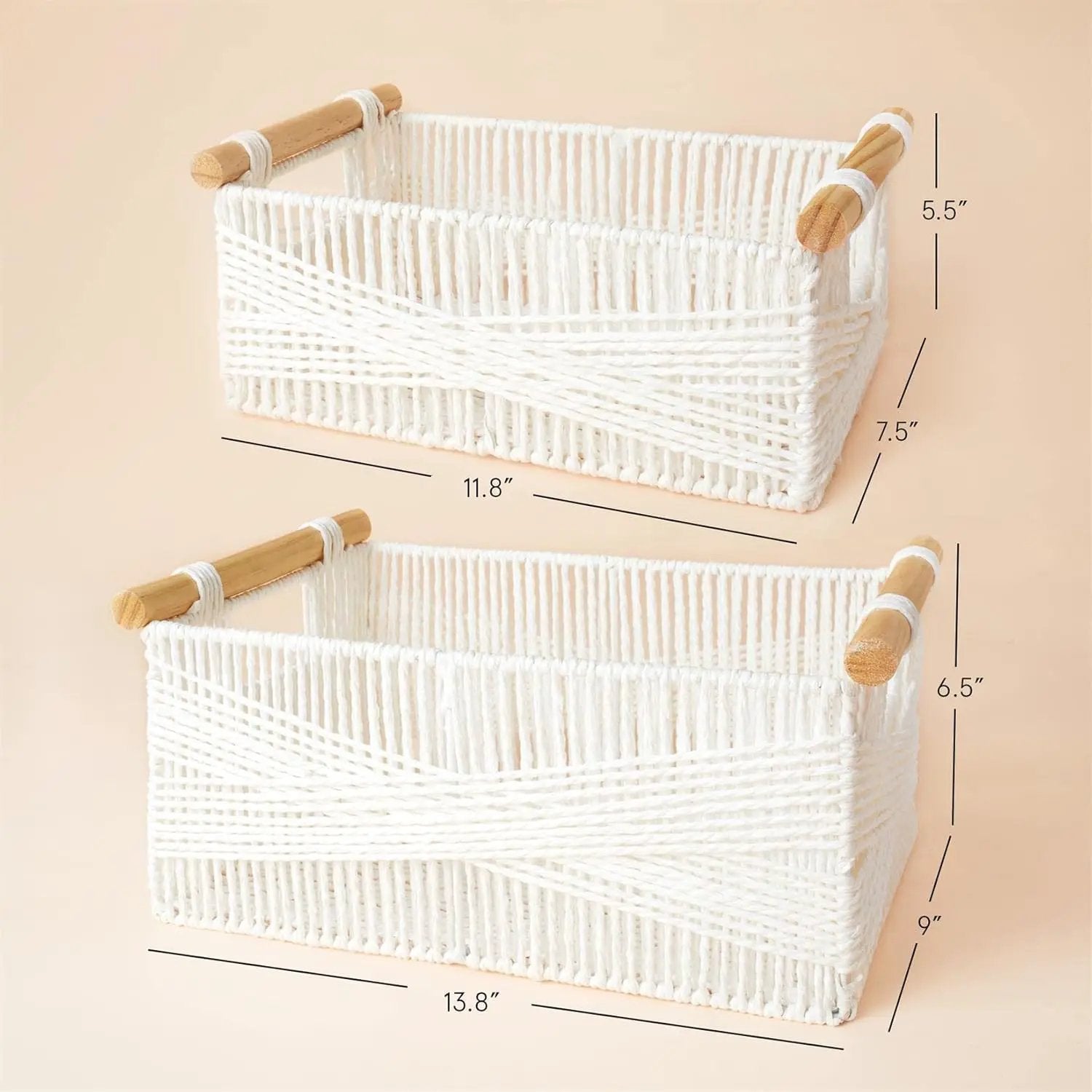 LA JOLIE MUSE Wicker Storage Baskets for Organizing, Recyclable Paper Rope Basket with Wood Handles, Decorative Hand Woven Basket Organizers for Makeup Books Shelves Living Room, White, Set of 2 by GreenHaven Gardens