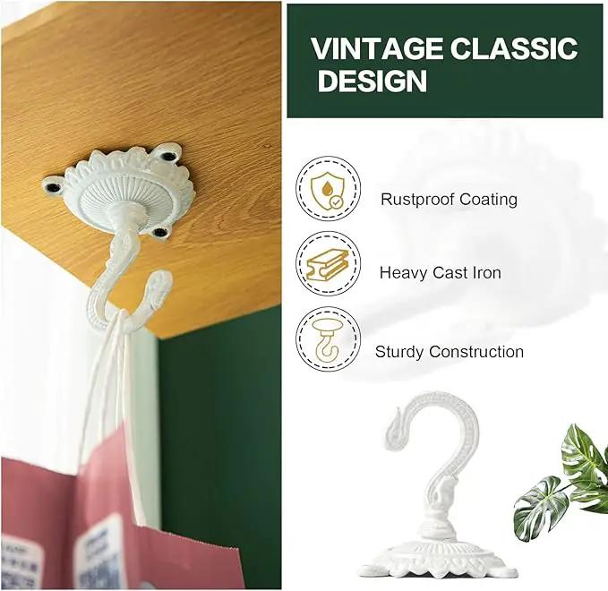 Sungmor Heavy Duty Ceiling Hooks for Hanging Plants, 2PC White 3.5x3.9Inch Large Cast Iron Ceiling Hooks, Antique Decorative Ceiling Swag Hooks for Hanging Planter Chandelier Wind Chime Lantern Hanger by GreenHaven Gardens