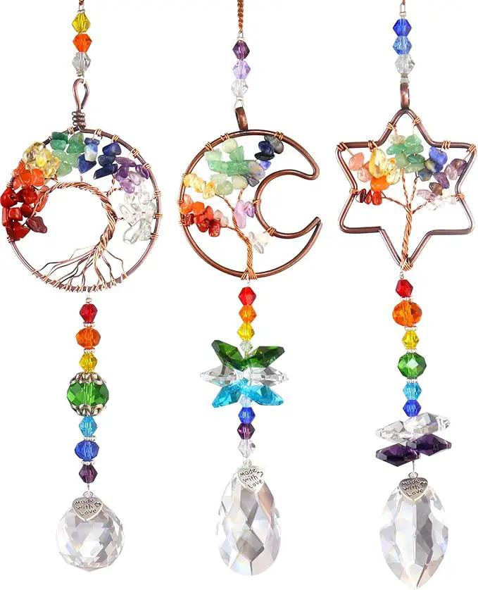 3pcs Rainbow Chakra Crystal Suncatcher Windows Hanging Tree of Life Sun Catchers Decor with Prisms for Car, Feng Shui Charms Decor for Home by GreenHaven Gardens