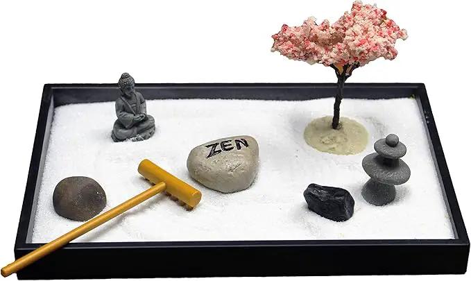 Nature's Mark Mini Zen Garden Kit for Desk with Rake, White Sand, Buddha, Lantern, Black Rectangle Base, River Rocks and Mini Blossom Tree (8Lx5W C) by GreenHaven Gardens