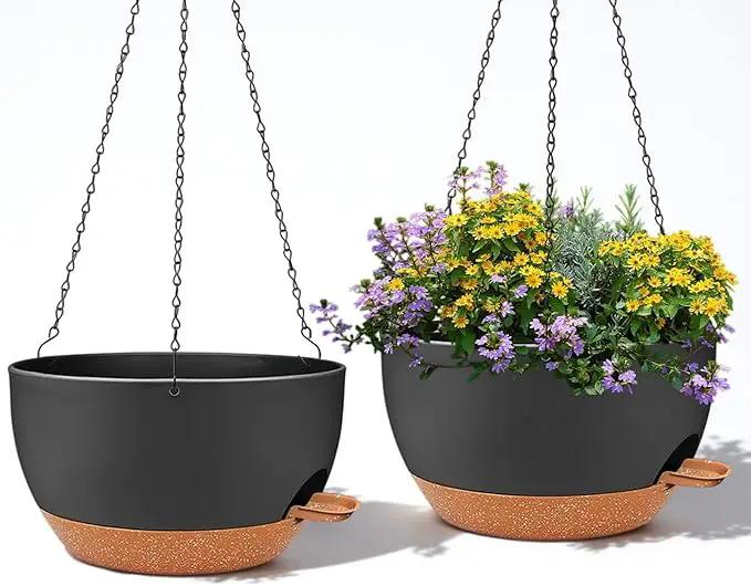 2 Pack 12 Inch Large Hanging Planters with Chains Self Watering Black Brown Plastic Hanging Pots for Indoor Outdoor Plants, Garden Porch Home Decor，Black Brown by GreenHaven Gardens