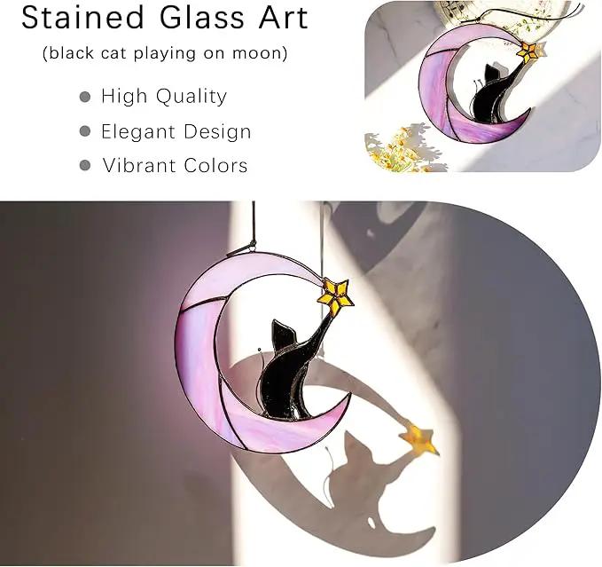 HDCRYSTALGIFTS 6.5'' Black Cat Decor on Purple Moon Stained Glass Window Hanging Suncatcher,Wall Art Glass Window Panel Sun Catcher,Halloween Ornament Decoration Memorial Gift for Lover Cat Loss by GreenHaven Gardens