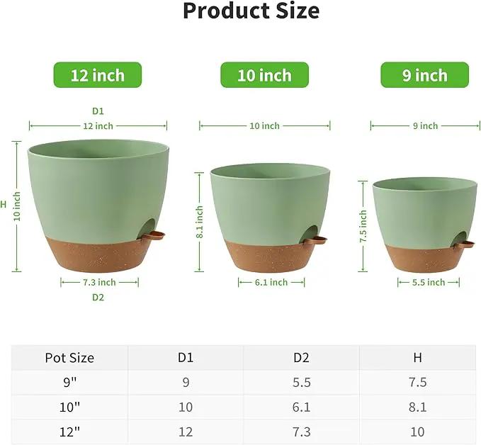 FaithLand 3-Pack Large Planter Pots, 12 10 9 Inch Self Watering Flower Pots for Indoor Outdoor Garden Plants, Green with Brown by GreenHaven Gardens