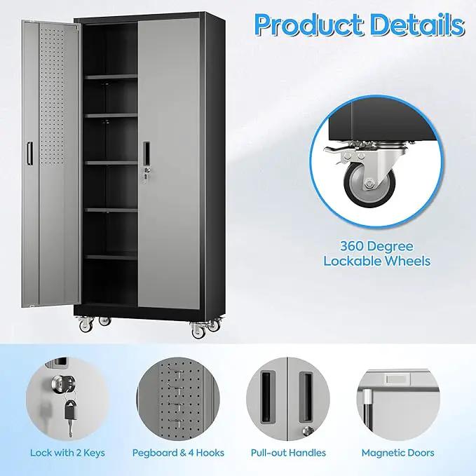 71" H×32" W×16" D Garage Storage Cabinet with Wheels & Pegboard, Locking Metal Storage Cabinet with Doors and 5 Adjustable Shelves & & 4 Hooks for Garage Warehouse Home Office, Black and Gray by GreenHaven Gardens