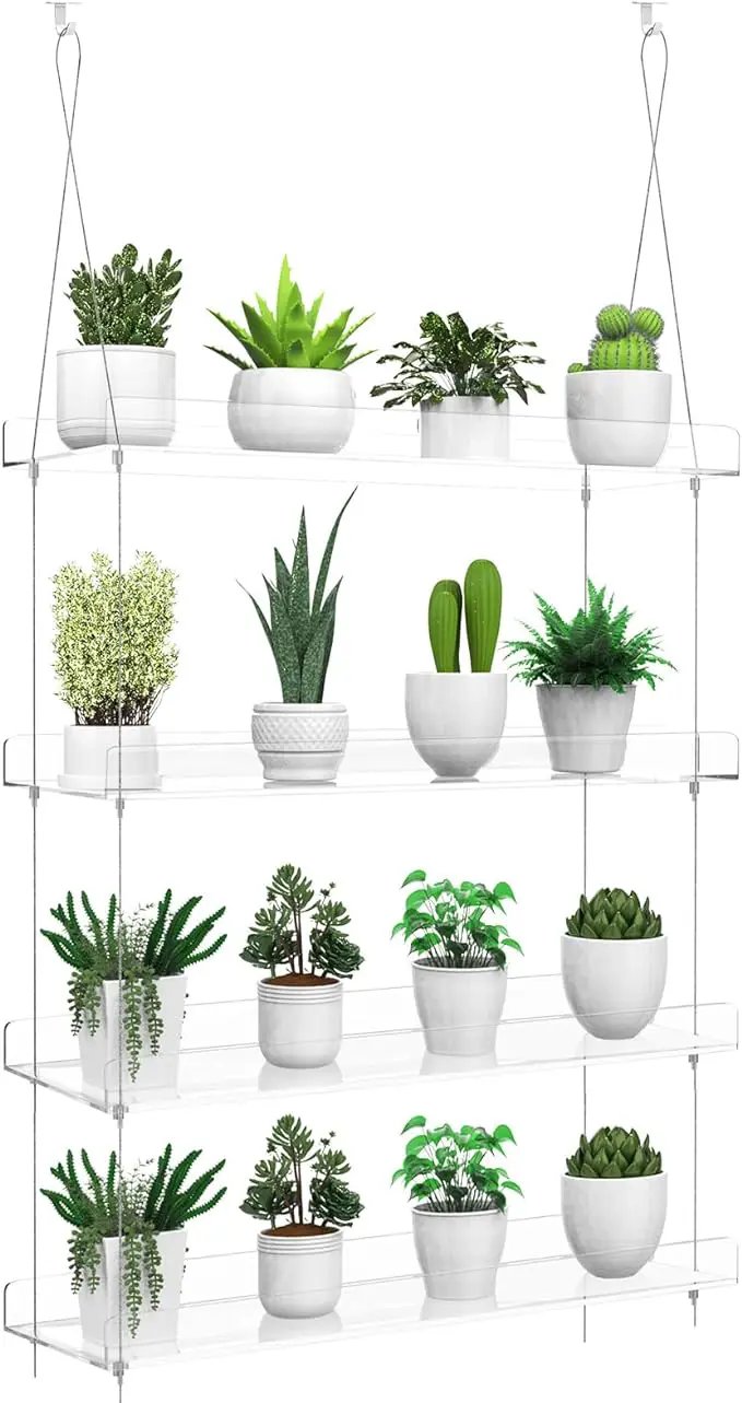 4-Tier Hanging Clear Plant Shelves for Windows, Acrylic Window Wall Plant Stand Shelf for Kitchen Indoor Gardens, Flower, Succulents, Herb, Seedling Organization, and Pots Display, 16 Inch per Tier by GreenHaven Gardens