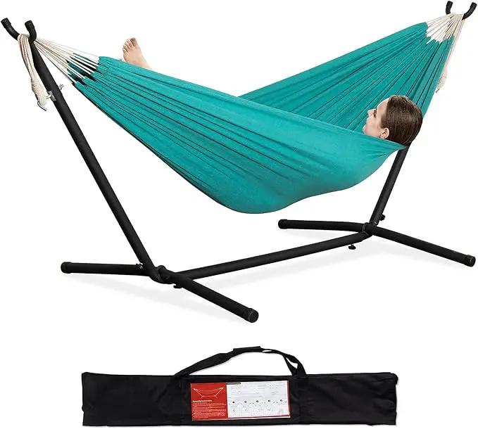 PNAEUT Double Hammocks with Stand for Outside, Portable Space Saving Heavy-Duty Steel Stand for Indoor Outdoor Patio with Carrying Bag, 450 lbs Capacity (Aqua) by GreenHaven Gardens