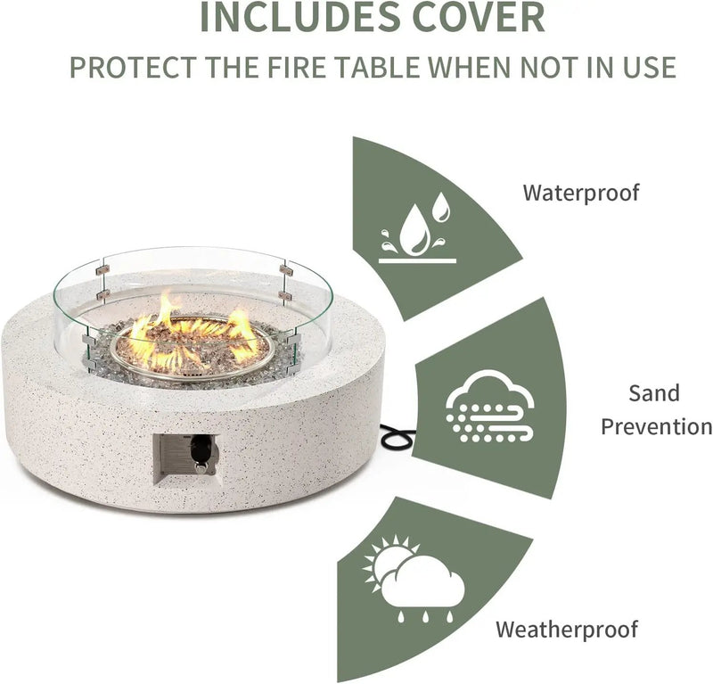 COSIEST Outdoor Propane Fire Pit Coffee Table w Terrazzo White 42 inch Round Base Patio Heater, CSA Certified, 50,000 BTU Stainless Steel Burner, Wind Guard, Transparent Gray Fire Glass, Rain Cover by GreenHaven Gardens