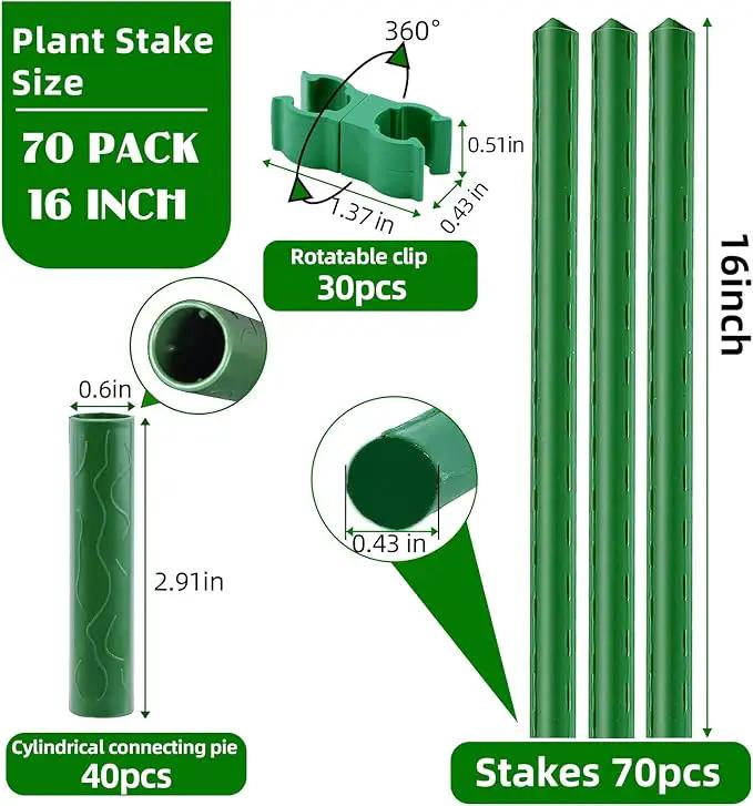 Garden Stakes 16 Inch 70 Pack, Diy 4ft 5ft 6ft 7ft 8ft Tomato Stakes Plastic Coated Metal Plant Sticks Stakes Supports with 40 Connectors 30 Rotatable Clips for Indoor Outdoor Plants Vegetable by GreenHaven Gardens