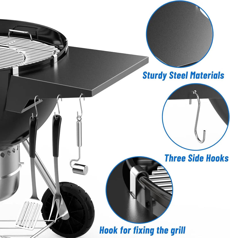 Charkettle Grill Table Shelf Compatible with Weber 22 Inches Kettle Grills, Outdoor Charcoal Grill Side Table BBQ Accessories with Hooks by GreenHaven Gardens