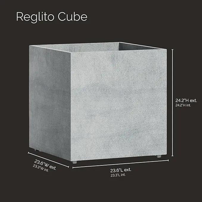 Reglito Cube Planter – Fiberglass Indoor/Outdoor and Weather-Resistant Large Planter (Concrete Stone, 23.6" L x 23.6" W x 24.2" H) by GreenHaven Gardens
