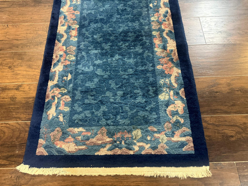 Blue Chinese Rug 2.6 x 4, Fete Rug, Peking Rug, Chinese Wool Rug, Art Deco Carpet by Jewel Rugs
