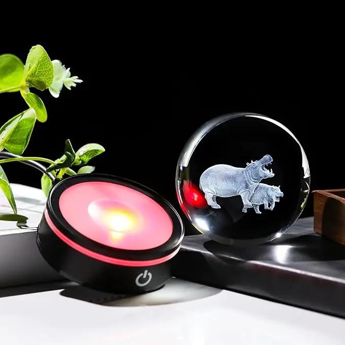 YWHL 3D Hippo Crystal Ball Figurine with LED Base Laser Hippopotamus Gifts for Women Men on Christmas Birthday Decorative Hippo Ball Glass Hippopotamus Globe Night Light for Home Decor (80mm) by GreenHaven Gardens