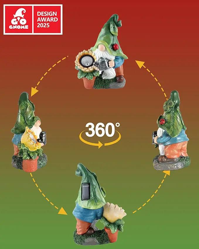 Solar-Powered Garden Gnome Watering Can Sunflower - 12 in Garden Decor Gnomes Decorations for Yard Lawn Ornaments Outside Statue Figurine LED Lights (Gnome) by GreenHaven Gardens