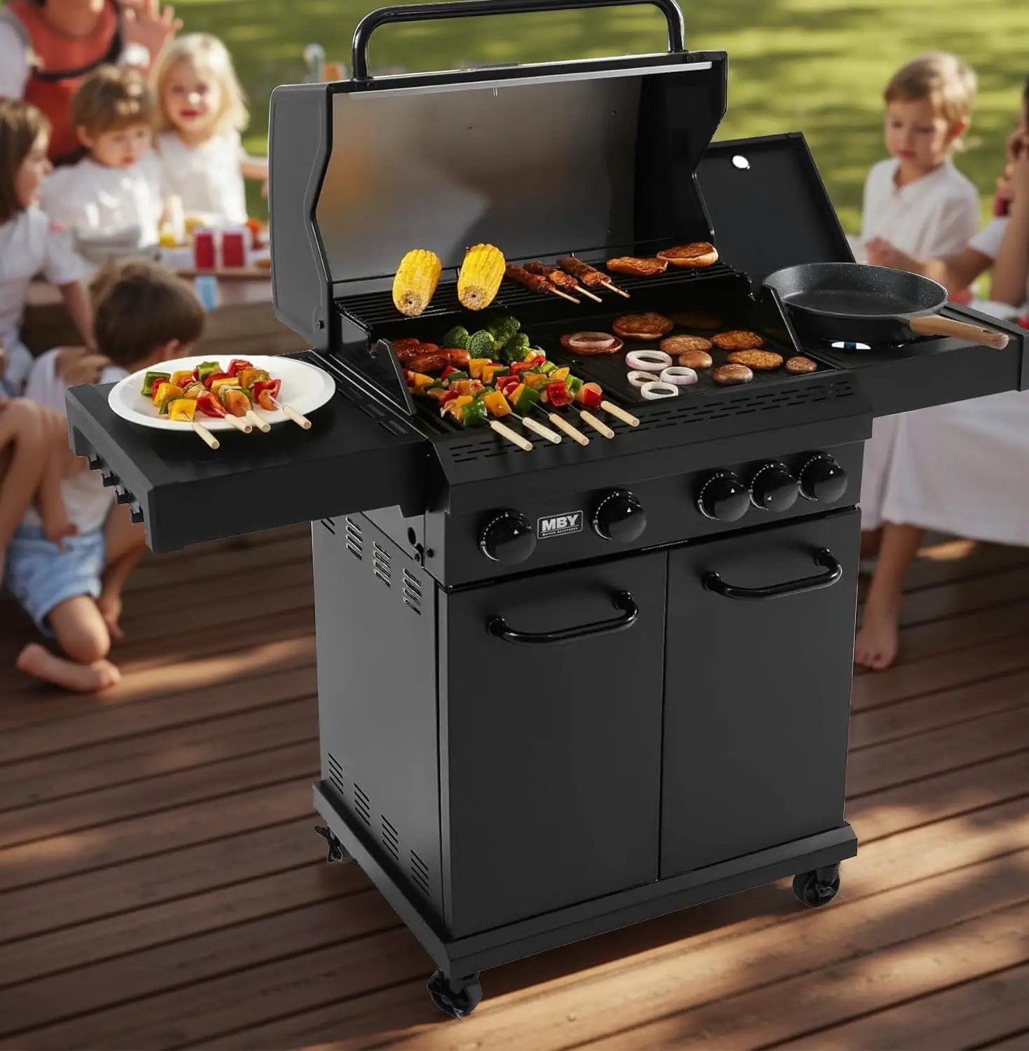 MBY 4-Burner Propane Gas Grill, 50,000 BTU Heavy Duty Outdoor BBQ Grill with Side Burner, Cast Iron Cooking Grates & Griddle for Backyard Barbecue by GreenHaven Gardens