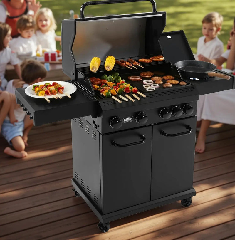 MBY 4-Burner Propane Gas Grill, 50,000 BTU Heavy Duty Outdoor BBQ Grill with Side Burner, Cast Iron Cooking Grates & Griddle for Backyard Barbecue by GreenHaven Gardens