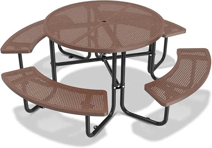 46'' Steel Round Picnic Table for Outdoors, Expanded, Lifetime Picnic Table with Umbrella Hole, Heavy Duty Sturdy Commercial Picnic Tables for Garden Courtyard BBQ, Coffee by GreenHaven Gardens