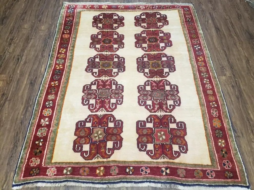 Vintage Persian Gabbeh Rug, Dark Red & Cream, Hand-Knotted, 5' x 6' 4" by Jewel Rugs