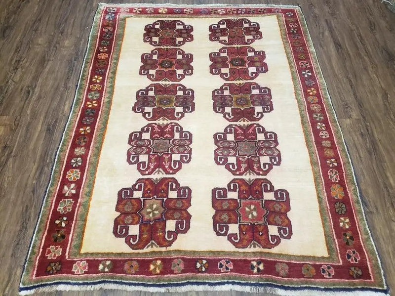 Vintage Persian Gabbeh Rug, Dark Red & Cream, Hand-Knotted, 5' x 6' 4" by Jewel Rugs