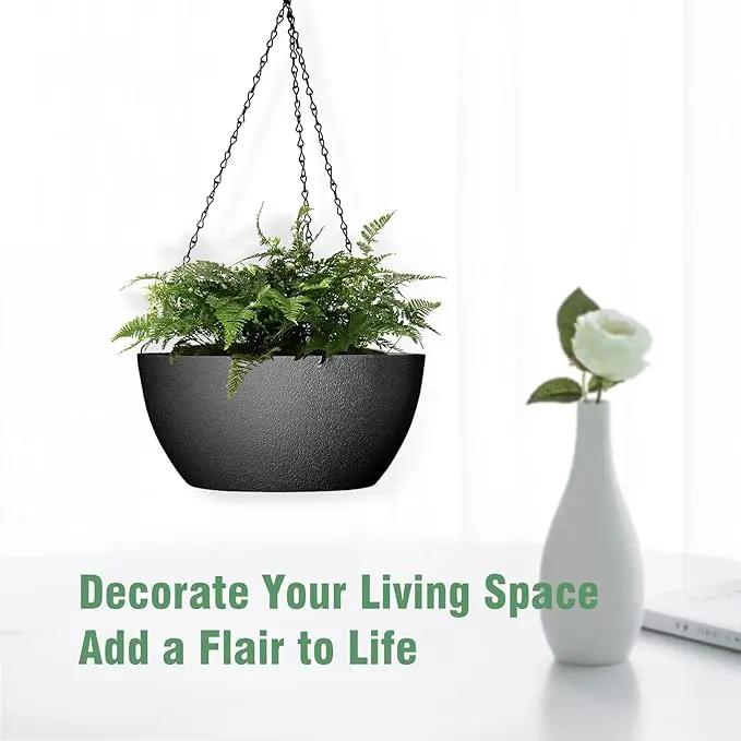 10 inch Hanging Planters for Outdoor Indoor Plants with Drainage Holes and Chain, 2 Pack Round Hanging Flower Pots for Garden Home Porch Decor, Black by GreenHaven Gardens