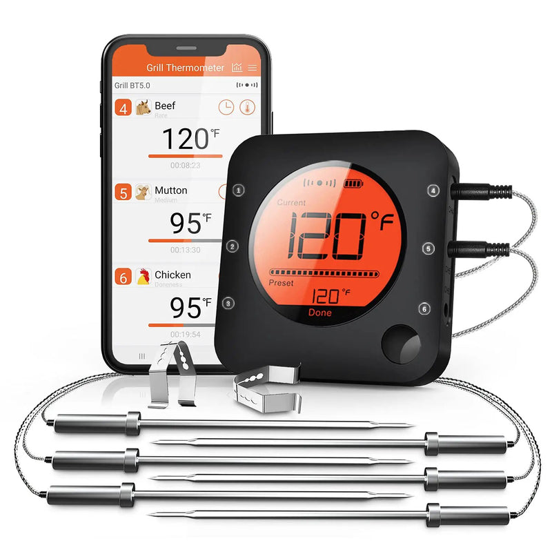 BFOUR Bluetooth Meat Thermometer Wireless Meat Thermometer, Wireless Digital Grill Thermometer with 6 Temperature Probes, Large LCD Display, Bluetooth Thermometer for Grill, Smoker, Oven and BBQ by GreenHaven Gardens