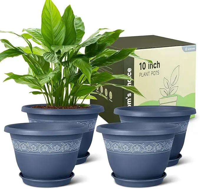 10 Inch Plant Pots with Drainage Hole - Lightweight Flower Pots for Herbs and Flowers - Home Decor Plastic Planters for Indoor Outdoor Plants- Pack of 4 (Blue, 10 inch) by GreenHaven Gardens