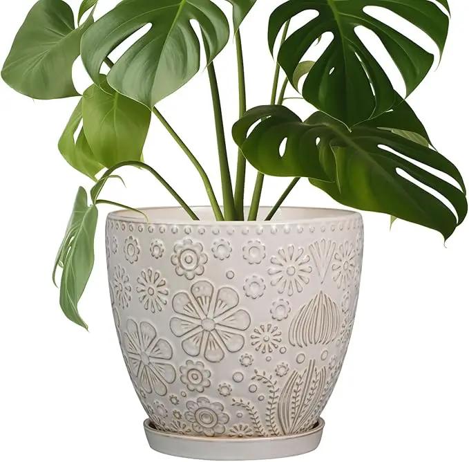 Ceramic Planter 8 Inch Plant Pot with Drainage Hole and Saucer Ceramic Pots for Indoor Plants Outdoor Large Flower Pot for Home Decor White by GreenHaven Gardens
