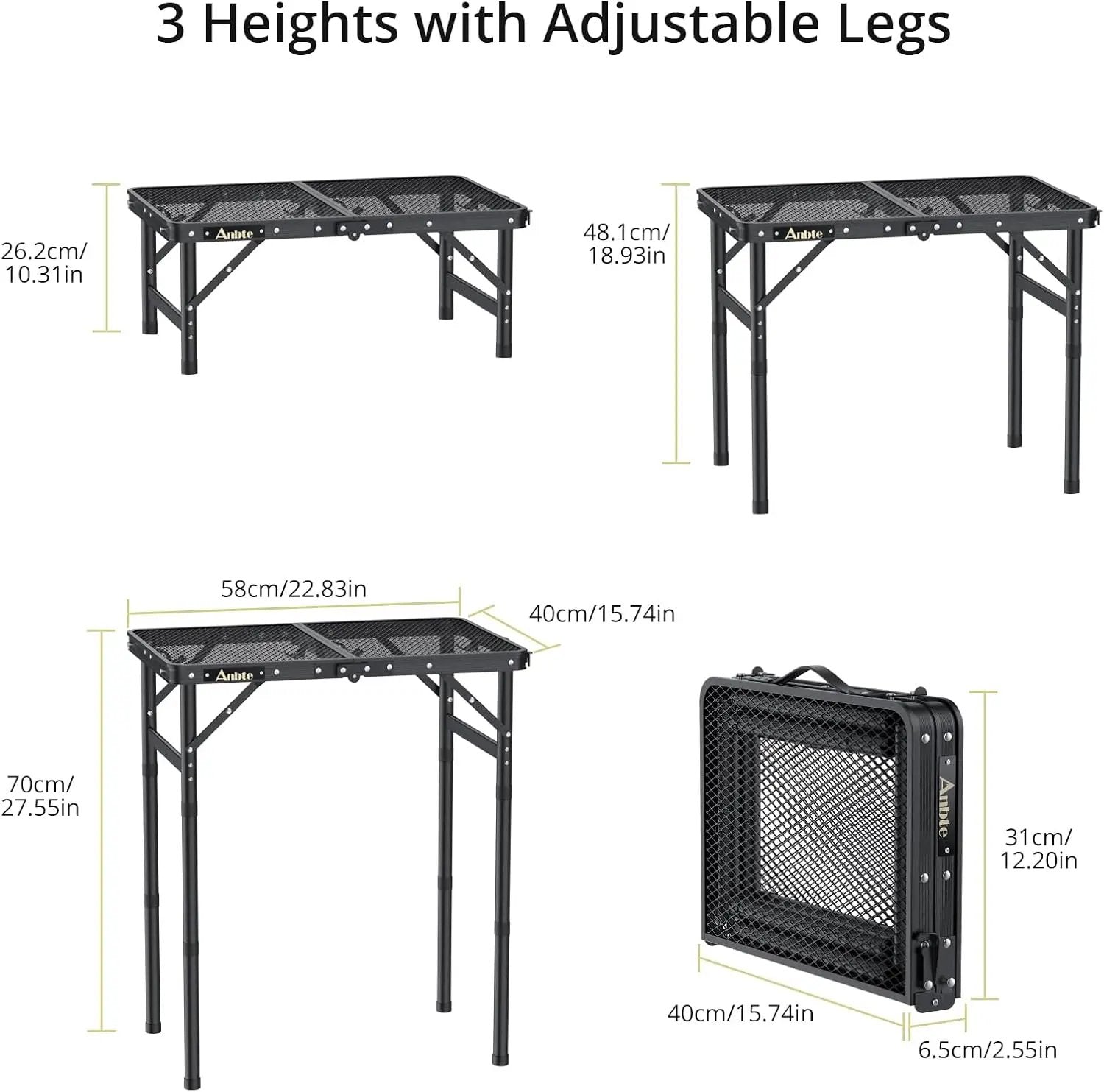 Folding Grill Table, Aluminum Camping Table Adjustable Height Max 27.5" Picnic Table Outdoor Table, Lightweight, Portable Handle for Travel Cooking BBQ Picnic, 22.8" x 16", Black by GreenHaven Gardens