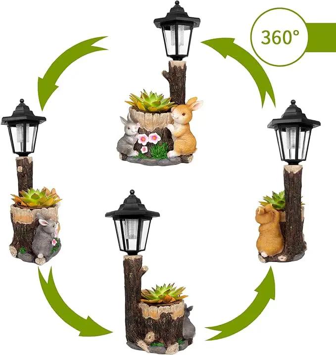 Solar Bunny Garden Stalue Outdoor, Rabbits Figurine Flowerpot Decolwith Solar Lantem for Yard Art Lawn Ornaments Porch Patio Balcony - Gardening Gifts for Women Mom by GreenHaven Gardens