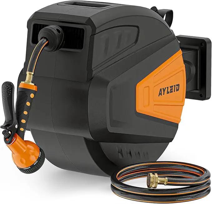 Ayleid Retractable Garden Hose Reel,1/2 in x 100 ft Wall Mounted Hose Reel, with 9- Function Sprayer Nozzle, Any Length Lock/Slow Return System/Wall Mounted/180°Swivel Bracket (Black) by GreenHaven Gardens