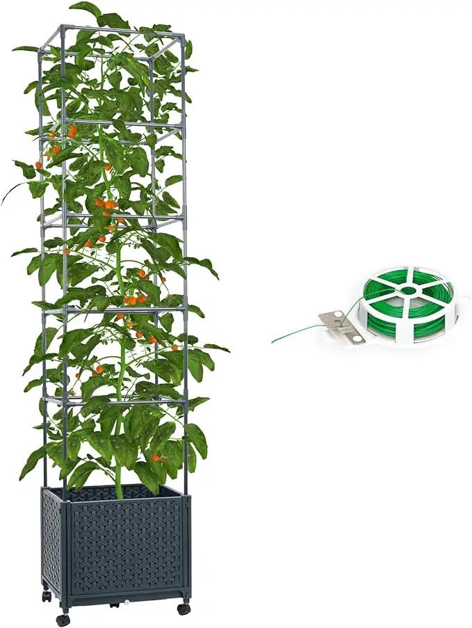 Raised Garden Bed with Tomato Cage 67.6” Self Watering Tomato Planter Boxes with Trellis Wheels for Outdoor Climbing Flowers Vegetable Vine Vegetables by GreenHaven Gardens