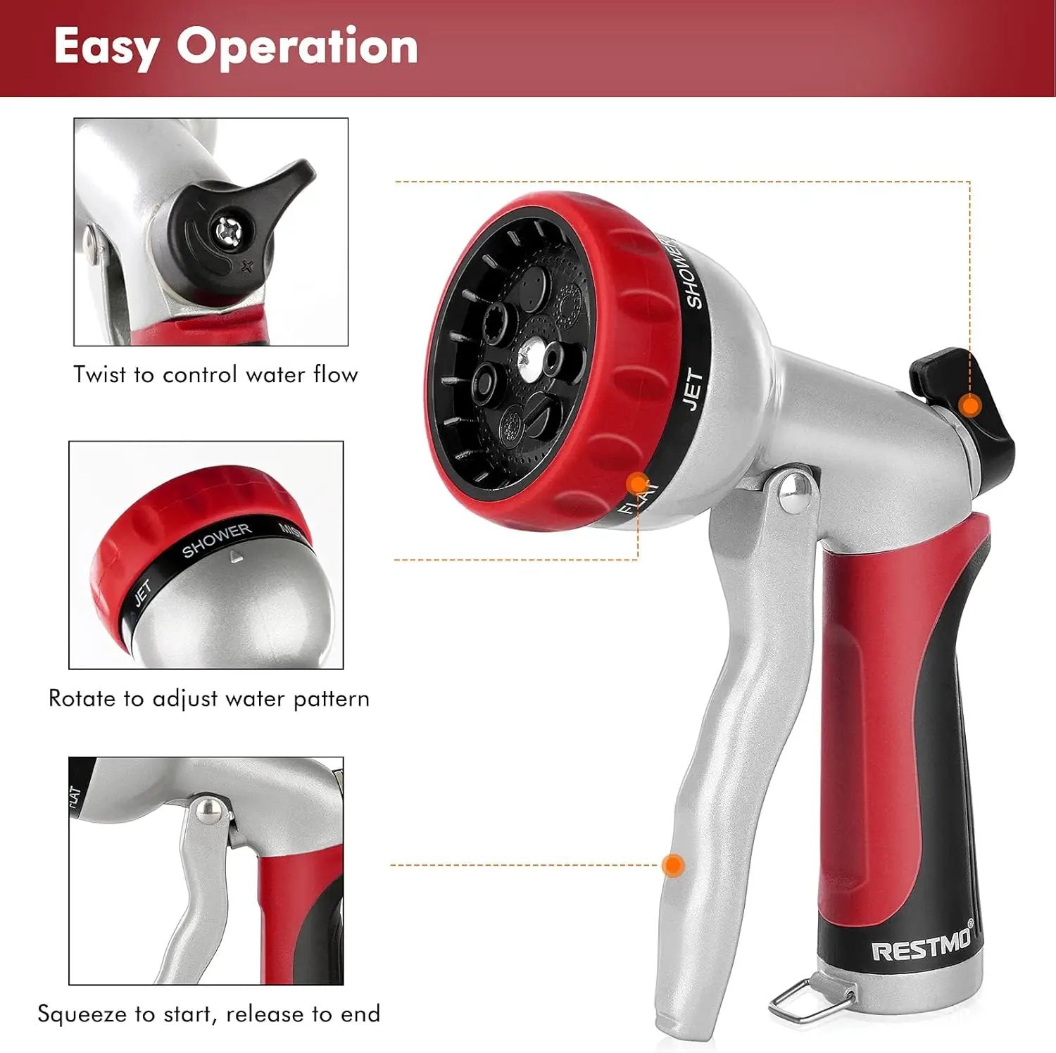 RESTMO Garden Hose Nozzle, Heavy Duty Metal Water Hose Nozzle with 7 Adjustable Spray Patterns, High Pressure Hand Sprayer with Flow Control, Best for Watering Plants & Lawns, Washing Cars & Pets, Red by GreenHaven Gardens