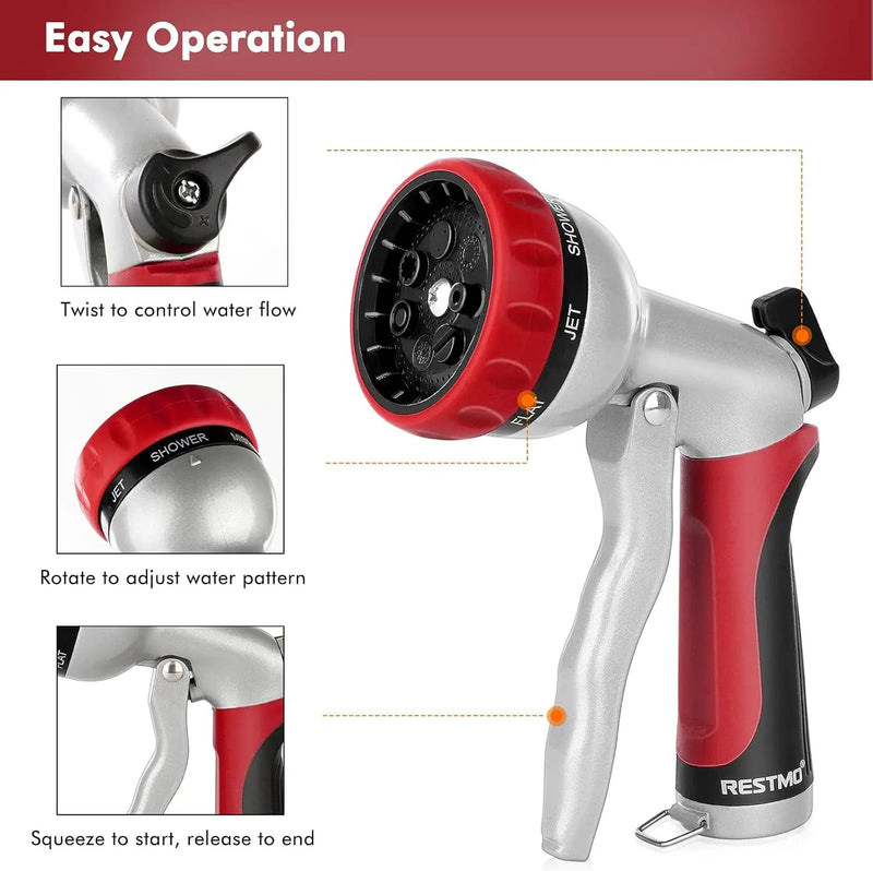 RESTMO Garden Hose Nozzle, Heavy Duty Metal Water Hose Nozzle with 7 Adjustable Spray Patterns, High Pressure Hand Sprayer with Flow Control, Best for Watering Plants & Lawns, Washing Cars & Pets, Red by GreenHaven Gardens