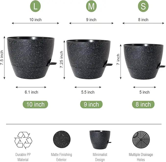10/9/8 inch Self Watering Pots, Set of 3 Plastic Planters with Mesh Drainage Holes and Deep Reservoir for Indoor Outdoor Garden Plants and Flowers, Black Speckles by GreenHaven Gardens
