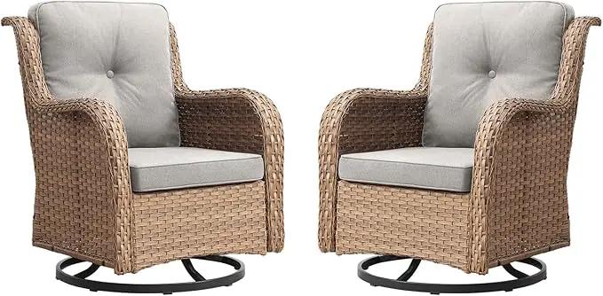 Outdoor Patio Swivel Rocker Chairs - Wicker Rattan Patio Swivel Rocking Chairs Set of 2 with High Back,Deep Seating and Comfort Cushions for Deck Porch Garden,Yellow/Beige by GreenHaven Gardens