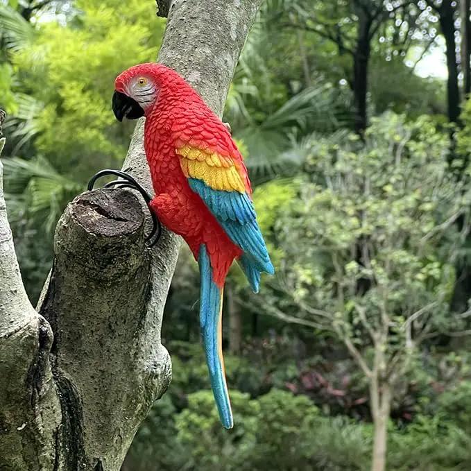 Realistic Parrot Sculpture Resin Hanging Parrots Garden Statues Lifelike Bird Figurines Landscape Ornament Patio Yard Lawn Figurine Tree Decor, Outdoor Garden Wall Statues (Red) by GreenHaven Gardens