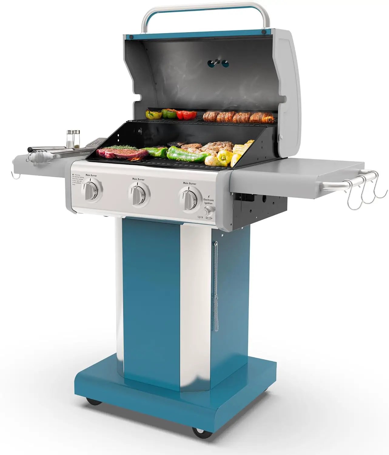 Kenmore 3-Burner Propane BBQ Grill, 30,000 BTUs Gas Grill with Cast Iron Cooking Grates, Folding Side Tables & Wheels, Outdoor Grill with Tool Hooks, Teal by GreenHaven Gardens