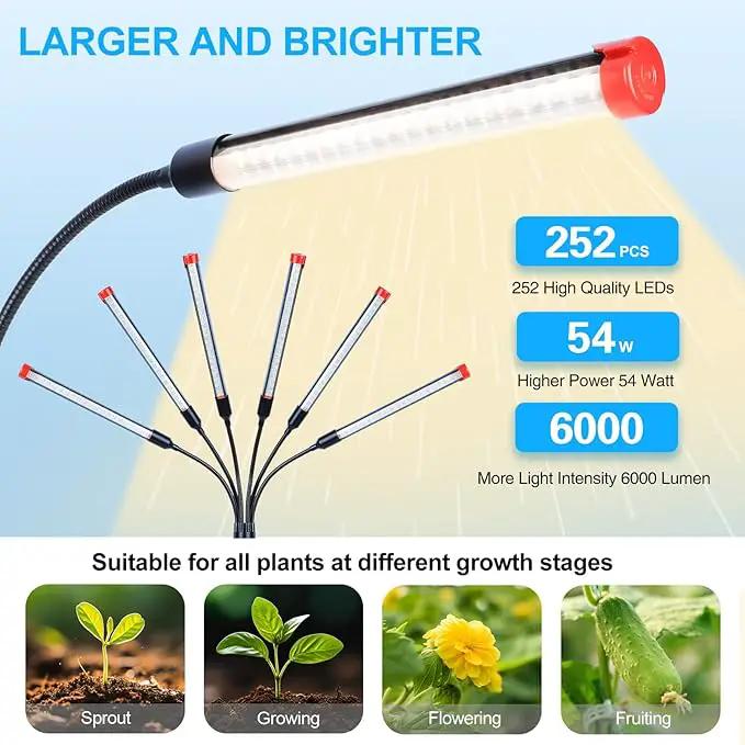 6-Head Grow Lights for Indoor Plants with Stand 54W, LED Plant Grow Light for Tall Houseplants, Bonsai Tree, Full Spectrum Growing Lamp with 4,8,12 Hr Timer, 24"-64" Adjustable Height by GreenHaven Gardens
