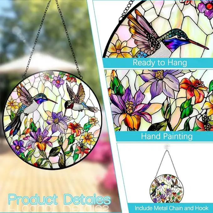 Hummingbird Suncatcher Stained Glass Window Hanging - Bird and Flowers Suncatchers for Windows - Sun Catchers Indoor Window Wall Art Home Decor Panel - Hummingbird Gifts for Women Men Mom Bird Lovers by GreenHaven Gardens