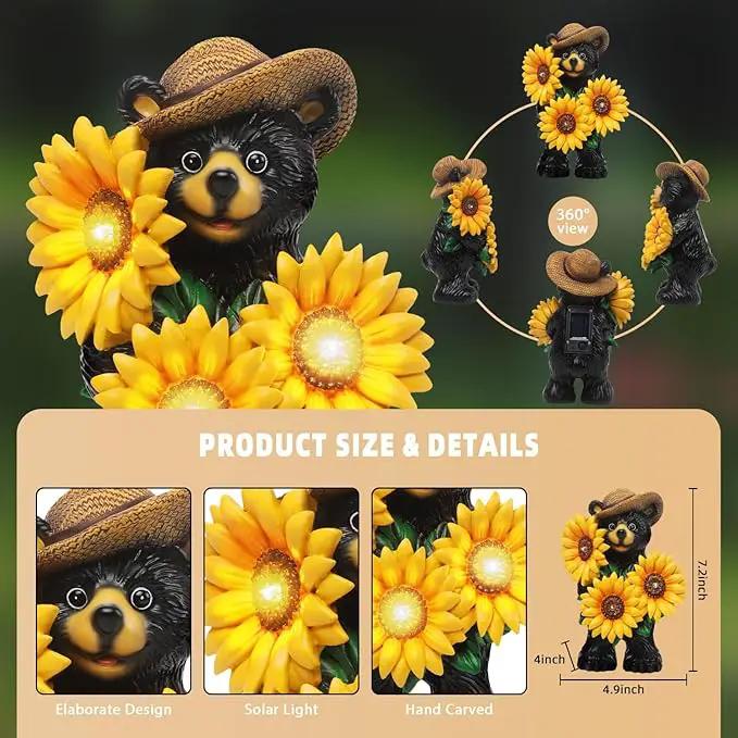 Bear Statue with Sunflowers LED Light 7.2" Solar Lamp Outdoor Garden Patio Yard Porch Lawn Decor Waterproof Resin Black Bear Figurine Unique Garden Gifts for Women Mom Grandma Sister by GreenHaven Gardens