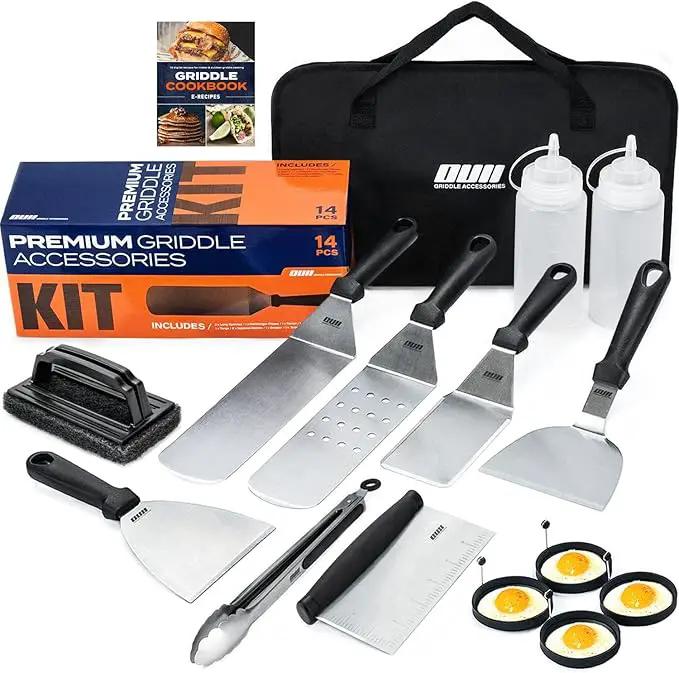 Flat Top Griddle Accessories Set for Blackstone and Camp Chef Griddle - 14 Pieces Set with Griddle Cleaning Kit & Carry Bag! Metal Spatula, Griddle Scraper, Egg Rings for Teppanyaki & Gas Grill by GreenHaven Gardens