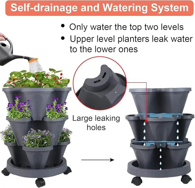 Vertical Planter 3 Tier Stackable Planters Garden Planters Strawberry Herb Flower and Vegetable Planter Indoor Outdoor Gardening Pots with Removable Wheels and Tools by GreenHaven Gardens