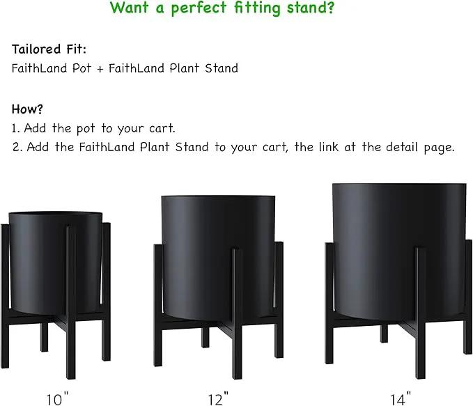 FaithLand Plant Pot 12 inch - Perfectly Fits Mid-Century Modern Plant Stand - Drainage Plug and Drainage Mesh Screen - Matte Black by GreenHaven Gardens