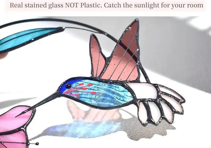 Lolitarcrafts Stained Glass Hummingbird Window Hangings with Flowers, Bird Stained Glass Suncatcher for Window Decor Hummingbird Gifts for Mom,Bird Lovers (Blue with Flower B) by GreenHaven Gardens