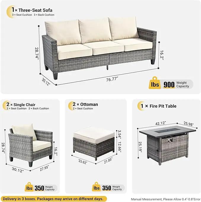 ovios 6 Pieces Patio Furniture Set with 42" Fire Pit Table, Outdoor Wicker Sofa with Comfy Cushions, All Weather High Back Rattan Couch Conversation Set, Beige by GreenHaven Gardens