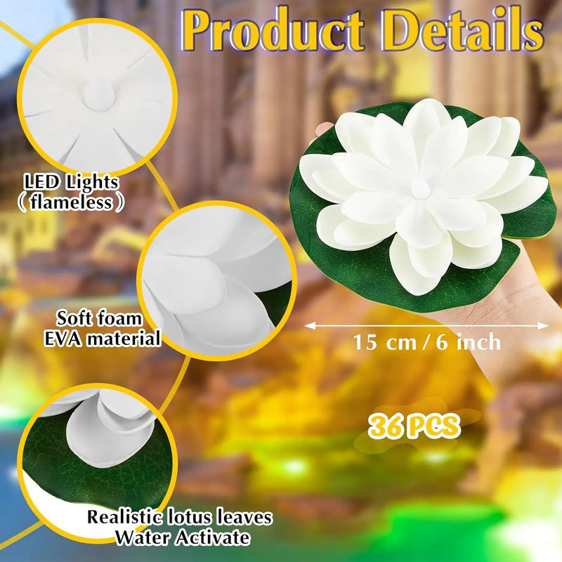 Liliful 36 Pcs Diwali Lotus Decoration Floating Lights Lotus Artificial Floating Flowers for Pool with LED Lights Battery Operated for Indian Puja Ganesh chaturthi Diwali(5.91 Inch,White) by GreenHaven Gardens